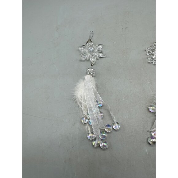 set of 2 plastic Snowflake Hanging Ornament With Feathers & Iridescent Beads - Picture 10 of 12